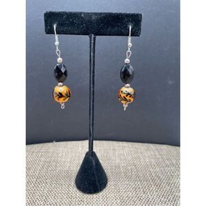 Gold w/Black Swirl Foil Lined Glass Bead Pierced Earrings Silvertone